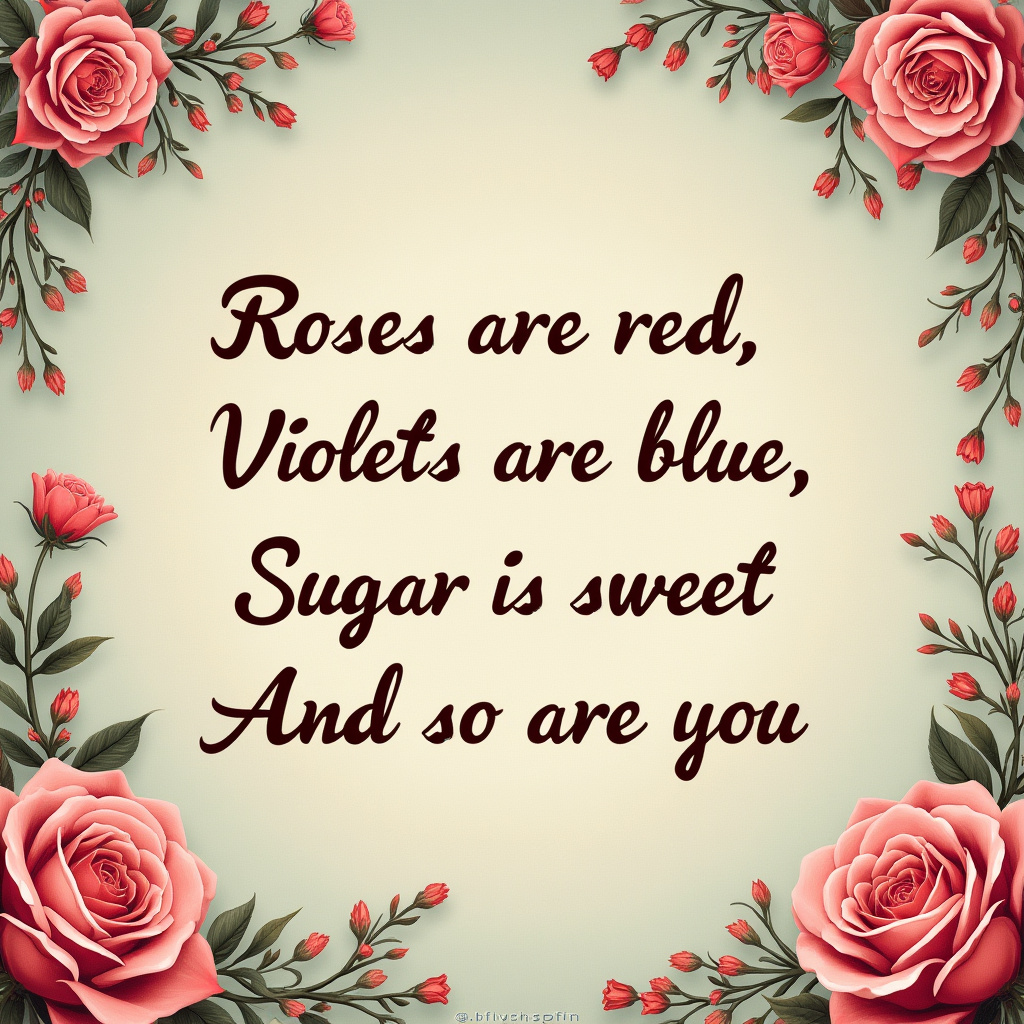 Write this poem with cursive text on a background that fits the words:
Roses are red
  Violets are blue,
Sugar is sweet
  And so are you