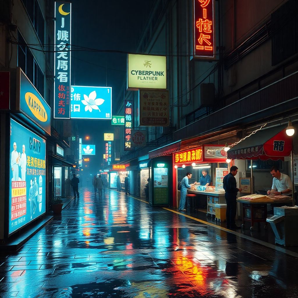 Cyberpunk street market in night rain, neon signs reflecting in puddles, floating holographic advertisements, street vendors with futuristic food stalls