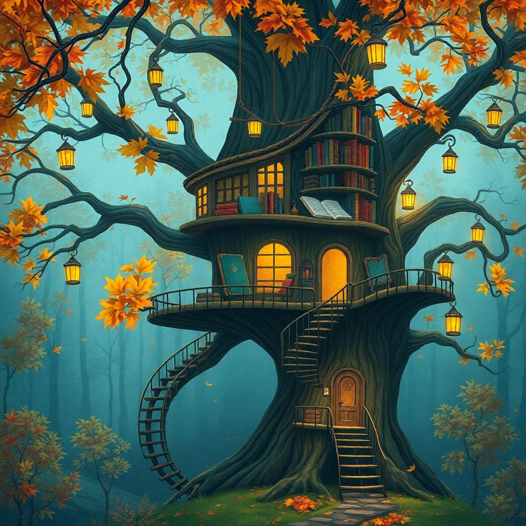 Whimsical treehouse library in autumn, books floating between branches, magical glowing lanterns, tiny staircases wrapping around tree trunks