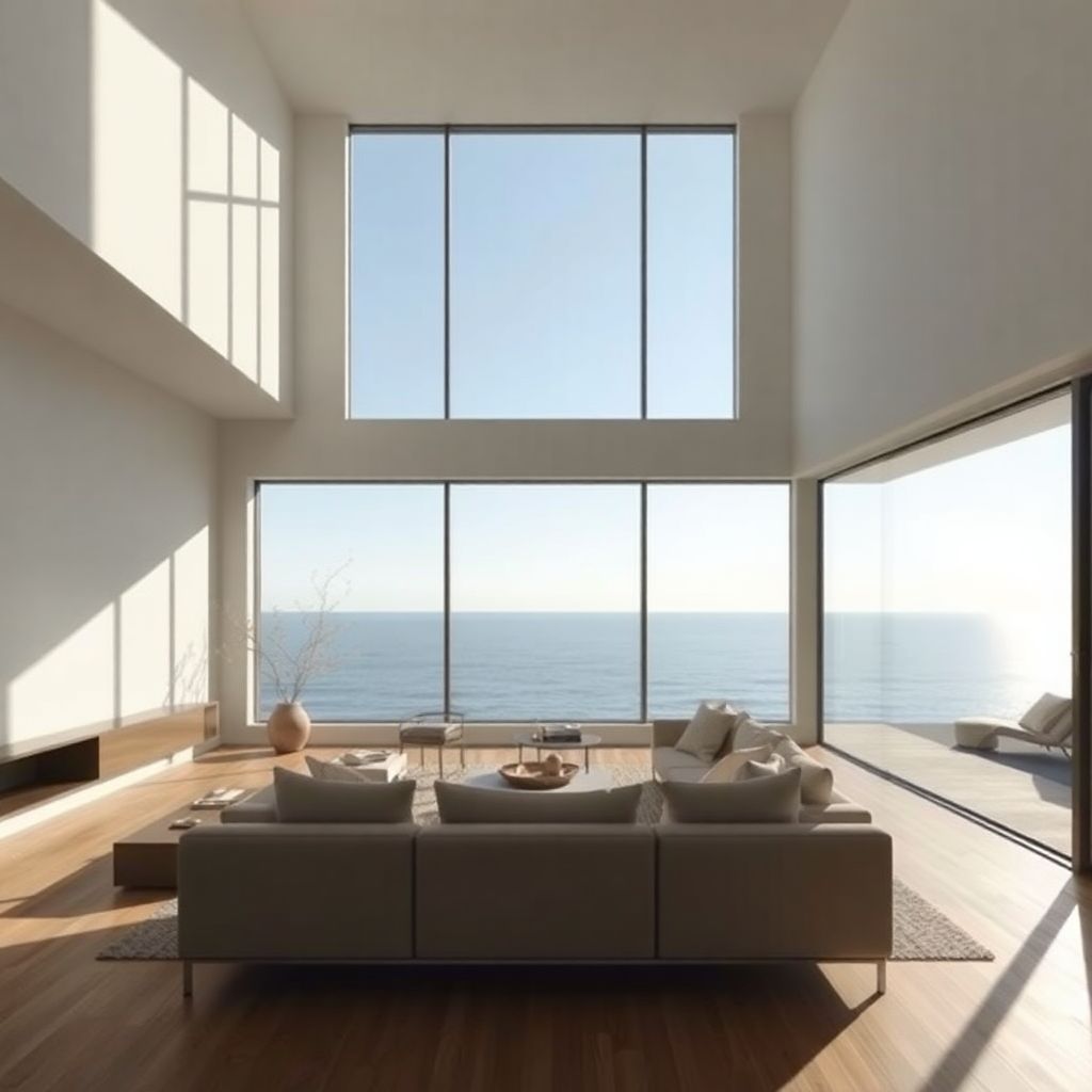 Modern minimalist interior design, large windows with ocean view, clean lines, natural materials, subtle morning light casting shadows