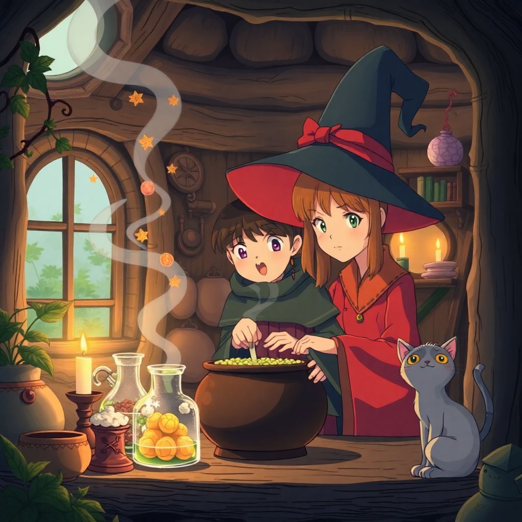 Young witch brewing potions in a cozy cottage, magical ingredients floating in the air, curious cat familiar, warm candlelight, detailed in Studio Ghibli style