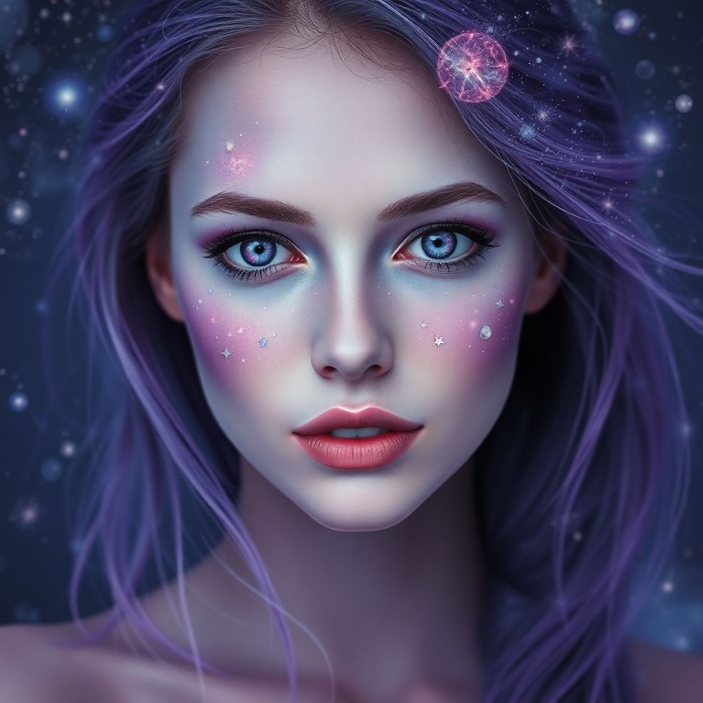 Ethereal portrait of a woman with constellation freckles, flowing hair made of galaxy patterns, cosmic elements, purple and blue color scheme