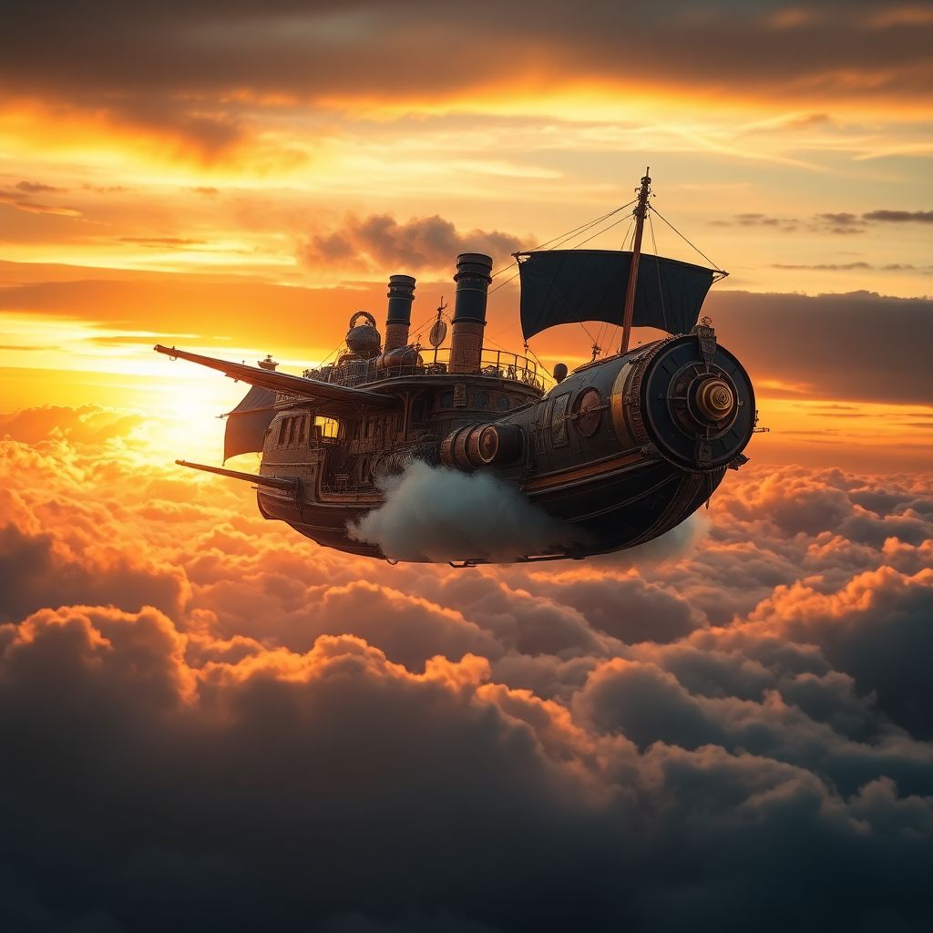 Steampunk flying ship breaking through clouds at sunset, brass and copper details, steam trailing behind, Victorian-era design elements