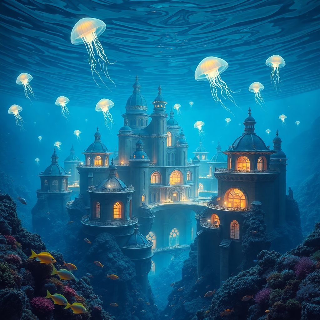 Underwater city in bioluminescent deep sea, jellyfish floating between buildings, coral architecture, schools of colorful fish