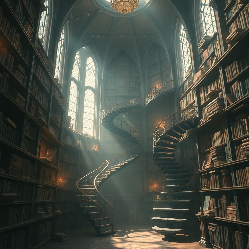 Mystical ancient library with floating books, spiral staircases reaching into shadows, dust motes catching magical light, intricate architectural details