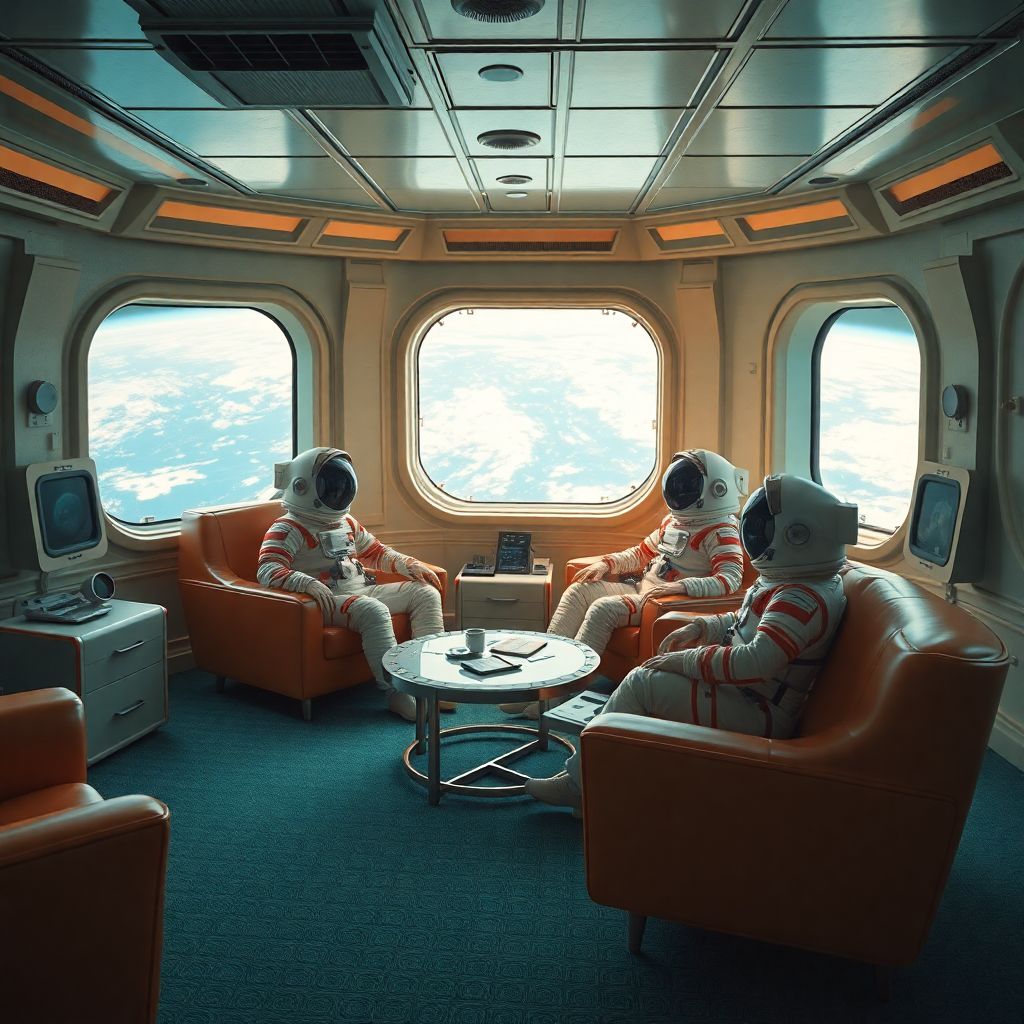 Retro-futuristic space station lounge, 1970s style furniture, large viewing windows showing Earth, astronauts relaxing in vintage space suits