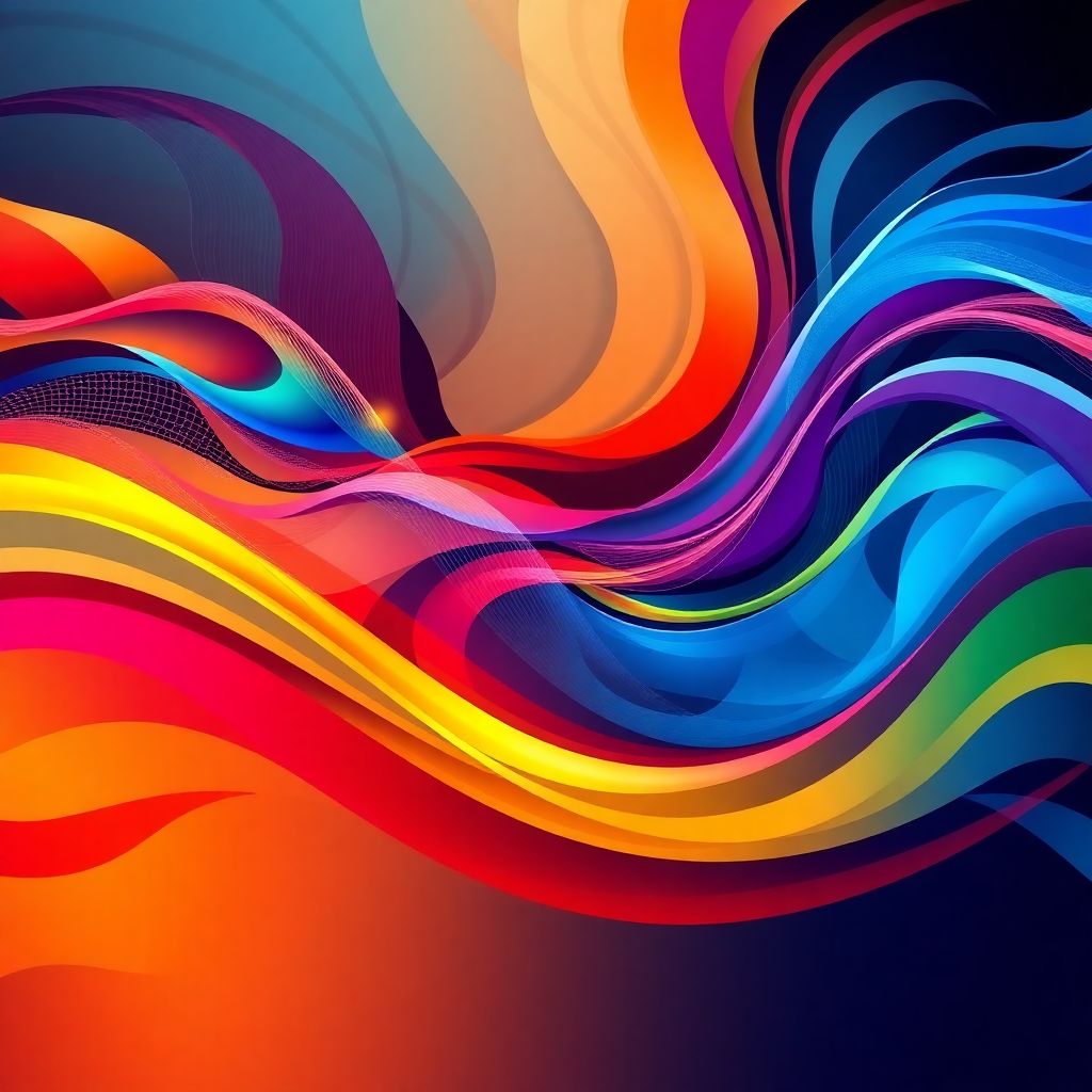 Abstract representation of music, flowing color waves, geometric patterns, dynamic movement, vibrant complementary colors