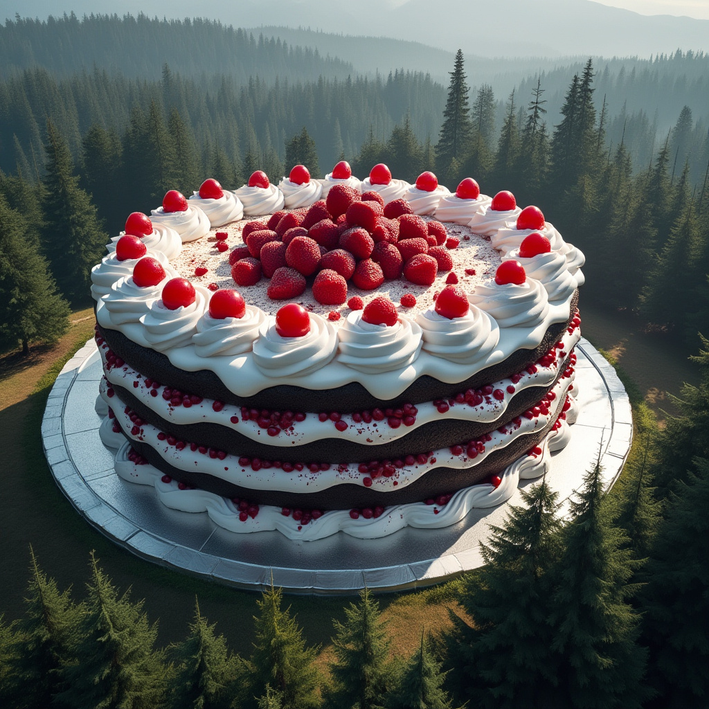 The world's largest black forest cake, the size of a building, surrounded by trees of the black forest
