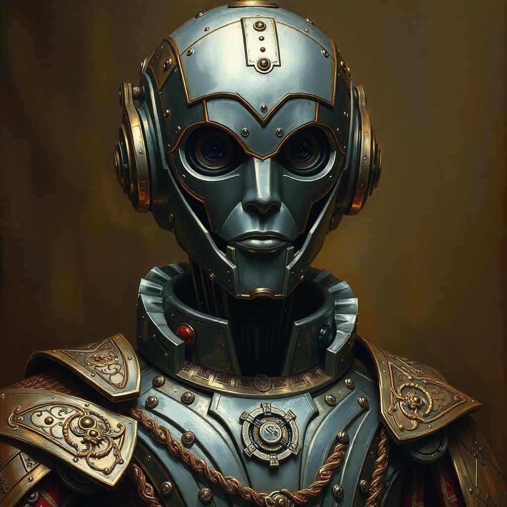 Renaissance-style portrait of a robot noble, ornate metallic clothing, oil painting texture, dramatic lighting, detailed mechanical features