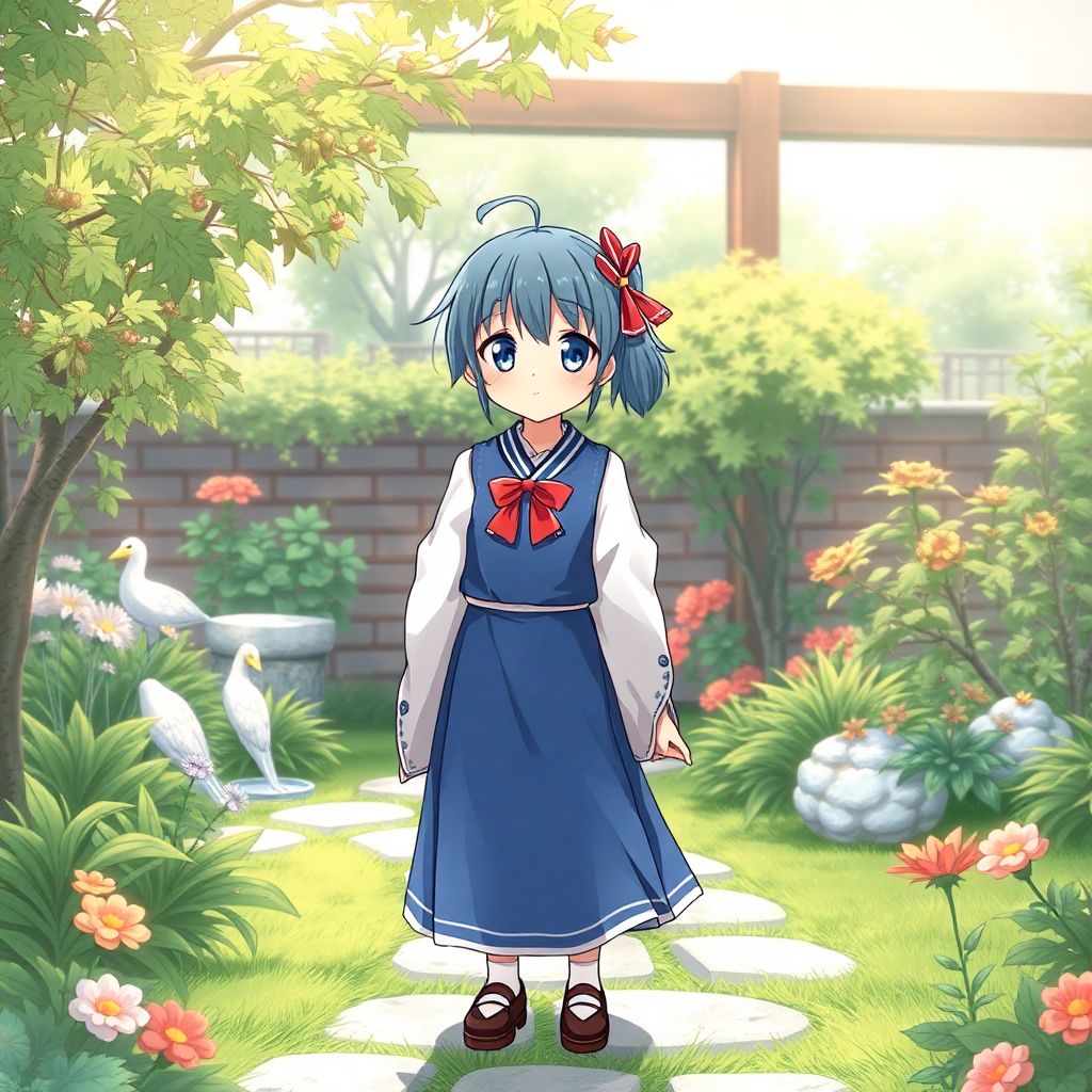 Japanese anime style character in a garden