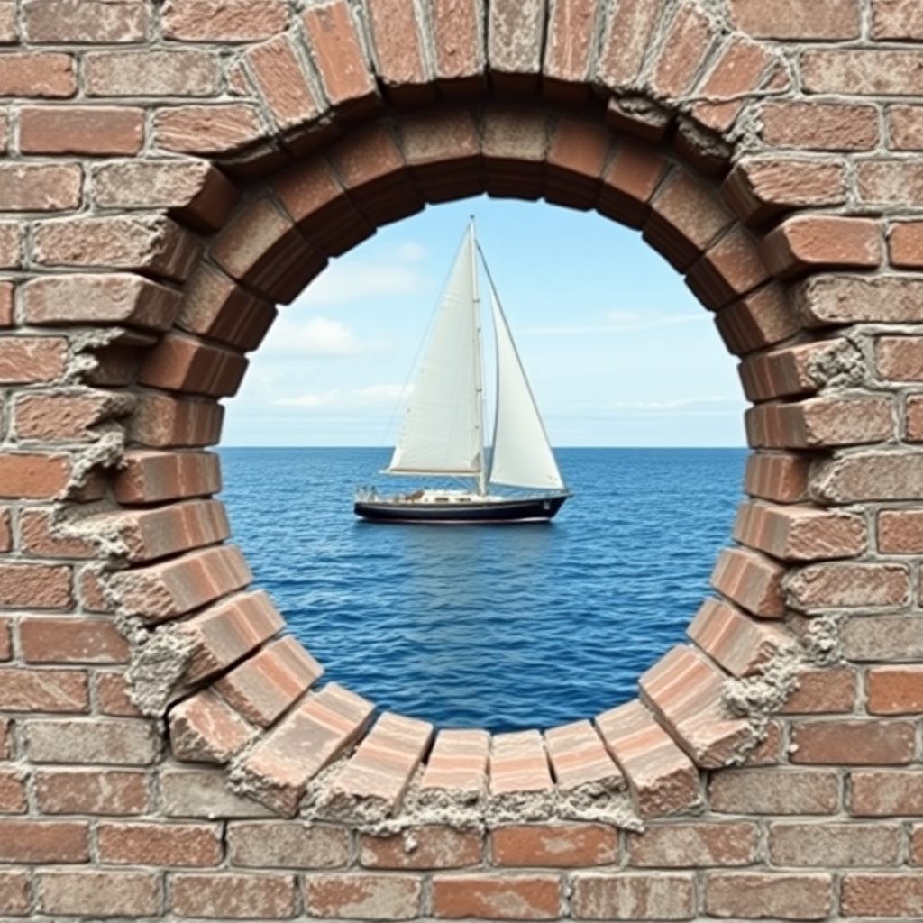 pareidolic anamorphosis of a hole in a brick wall morphed into a hublot of a sail boat, a window to the sea.