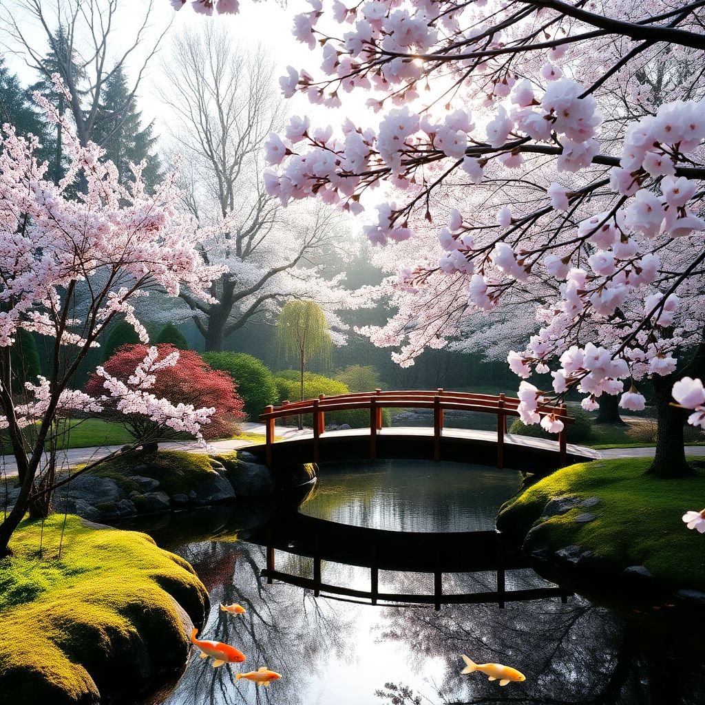 A serene Japanese garden with cherry blossoms, a small wooden bridge over a koi pond, soft morning light filtering through the trees